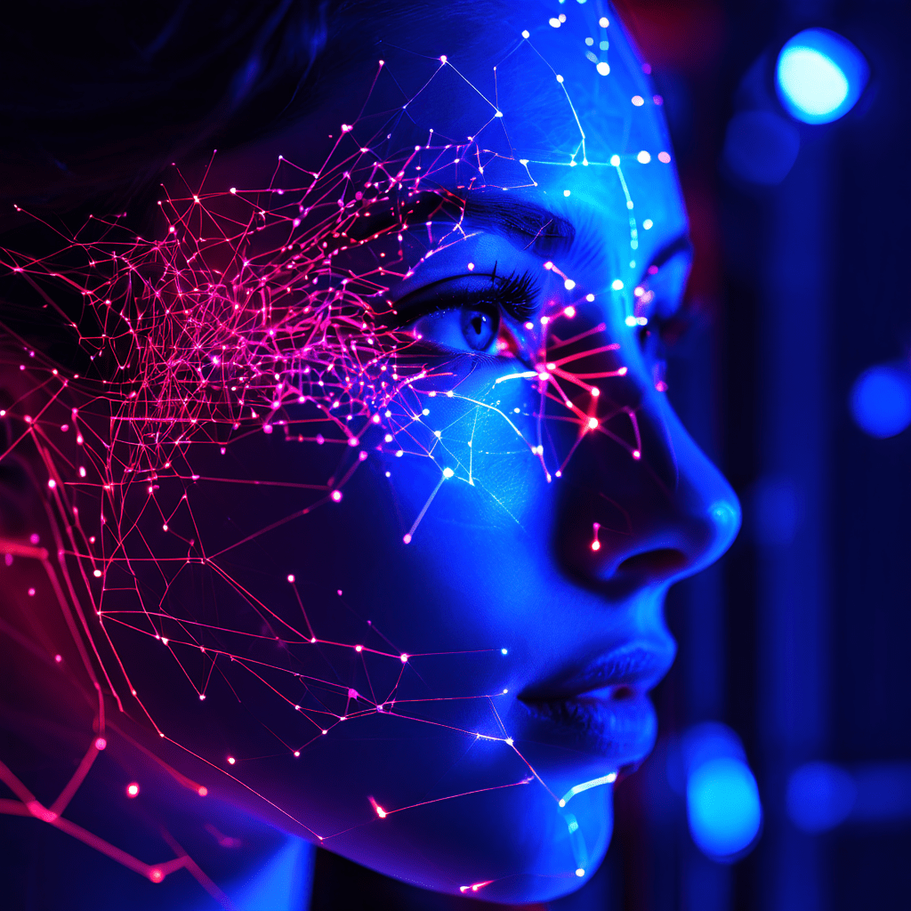 수많은 CCTV 얼굴 이미지를 분석하고 연결하는 빛나는 노드의 복잡한 네트워크가 단순한 기록을 넘어선 데이터 분석의 힘을 시각적으로 표현합니다.