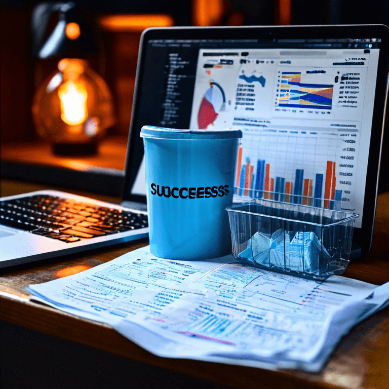 데이터 분석 그래프와 '성공' 문구가 표시된 노트북 옆 쓰레기통에 버려진 컨닝 페이퍼가 데이터 기반의 진정한 성공과 공정한 과정의 중요성을 상징적으로 보여주는 이미지입니다.