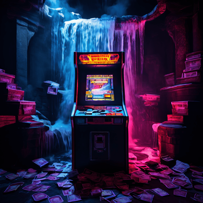 무가치한 종이 티켓이 폭포처럼 쏟아지는 서프리얼 아케이드 게임기와 무표정한 플레이어들이 네온 불빛 아래서 중독적인 게임 문화의 허무함을 드러내는 장면