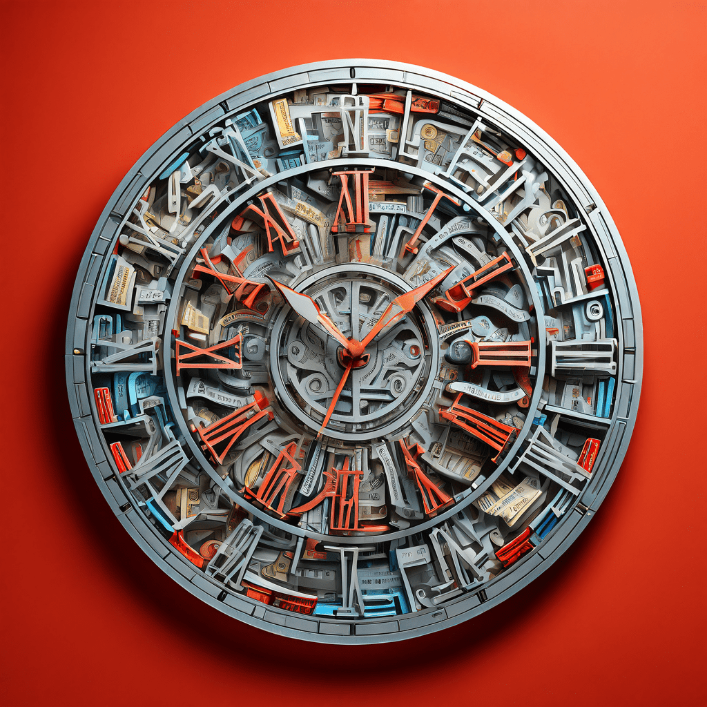 소비자의 뇌를 압박하는 쿠폰 시계와 그 안에서 쇼핑 카트가 길을 찾는 투명한 미로를 통해 소비주의와 심리적 압박감을 시각적으로 표현한 일러스트입니다.