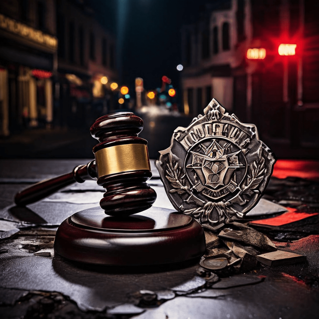 법의 공정한 심판을 상징하는 법봉과 치안의 수호를 의미하는 경찰 배지가 깊은 균열로 갈라져 있으며, 한쪽에는 법률 조문이 다른 쪽에는 혼란스러운 거리 상황이 대비되어 정의와 현실의 괴리를 표현한 이미지입니다.