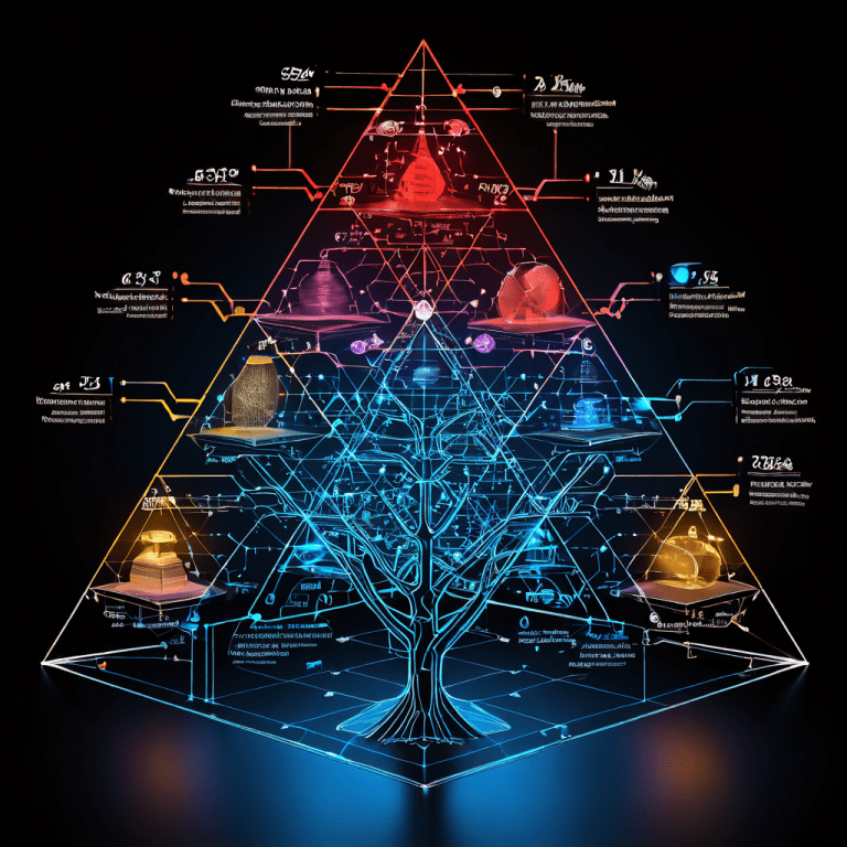 다단계 마케팅의 그림자 같은 구조 위에 겹쳐진 복잡한 확률 트리 다이어그램이 성공 사례의 빛나는 유혹과 통계적 함정 및 극소수의 승률 사이의 괴리를 시각적으로 보여줍니다.