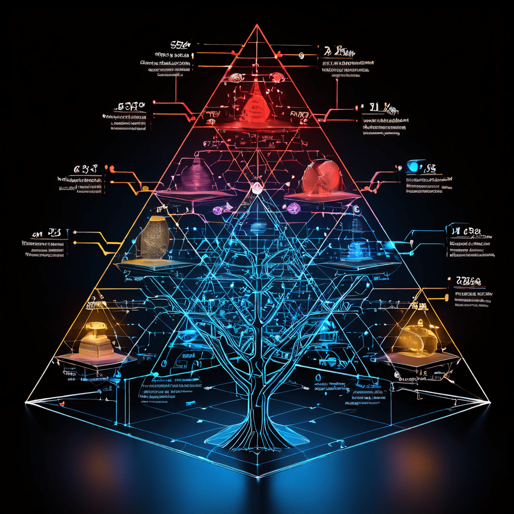 다단계 마케팅의 그림자 같은 구조 위에 겹쳐진 복잡한 확률 트리 다이어그램이 성공 사례의 빛나는 유혹과 통계적 함정 및 극소수의 승률 사이의 괴리를 시각적으로 보여줍니다.