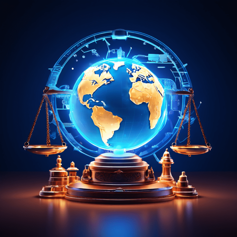 디지털 두루마리와 법망이 빛나는 기어로 연결되어 지구본 위에 떠 있으며, 콘텐츠 권리 청구와 플랫폼 중재의 상징적 의미를 담고 있는 이미지입니다.