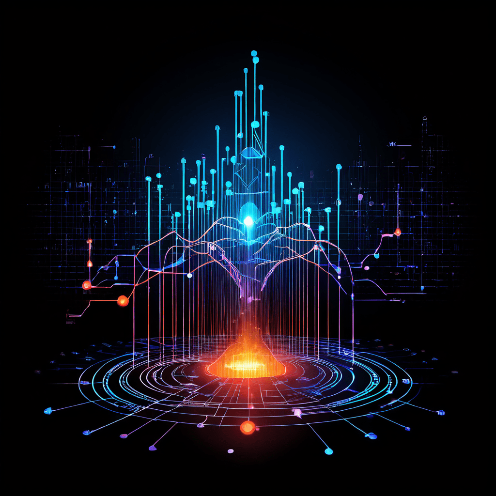 외부 자본 유입이 효율적인 핵심 시스템으로 통합되며 성장 그래프가 상승하는 모습을 상징적으로 표현한 효율 극대화 개념도입니다.