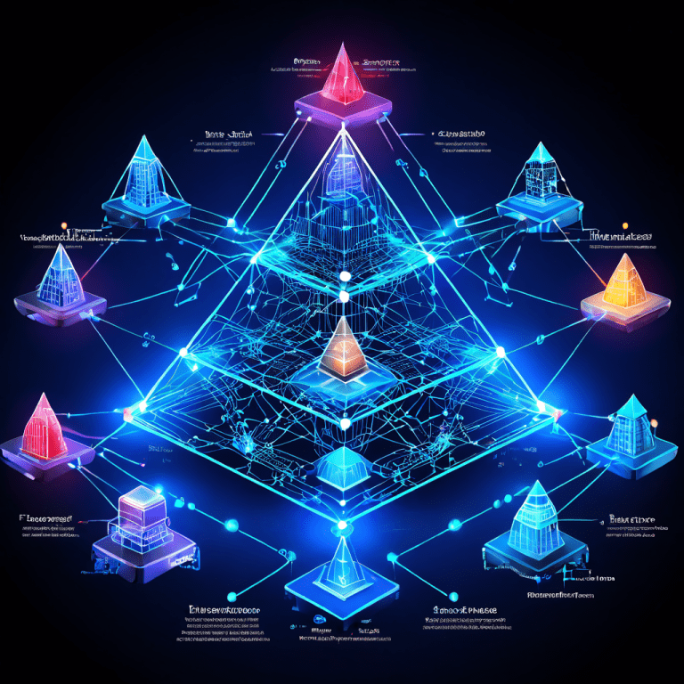 블록체인 상의 금융 거래 흐름이 점차 신비로운 데이터 스트림으로 연결된 피라미드형 컬트 조직 구조로 변모하는 과정을 시각화한 개념도입니다.