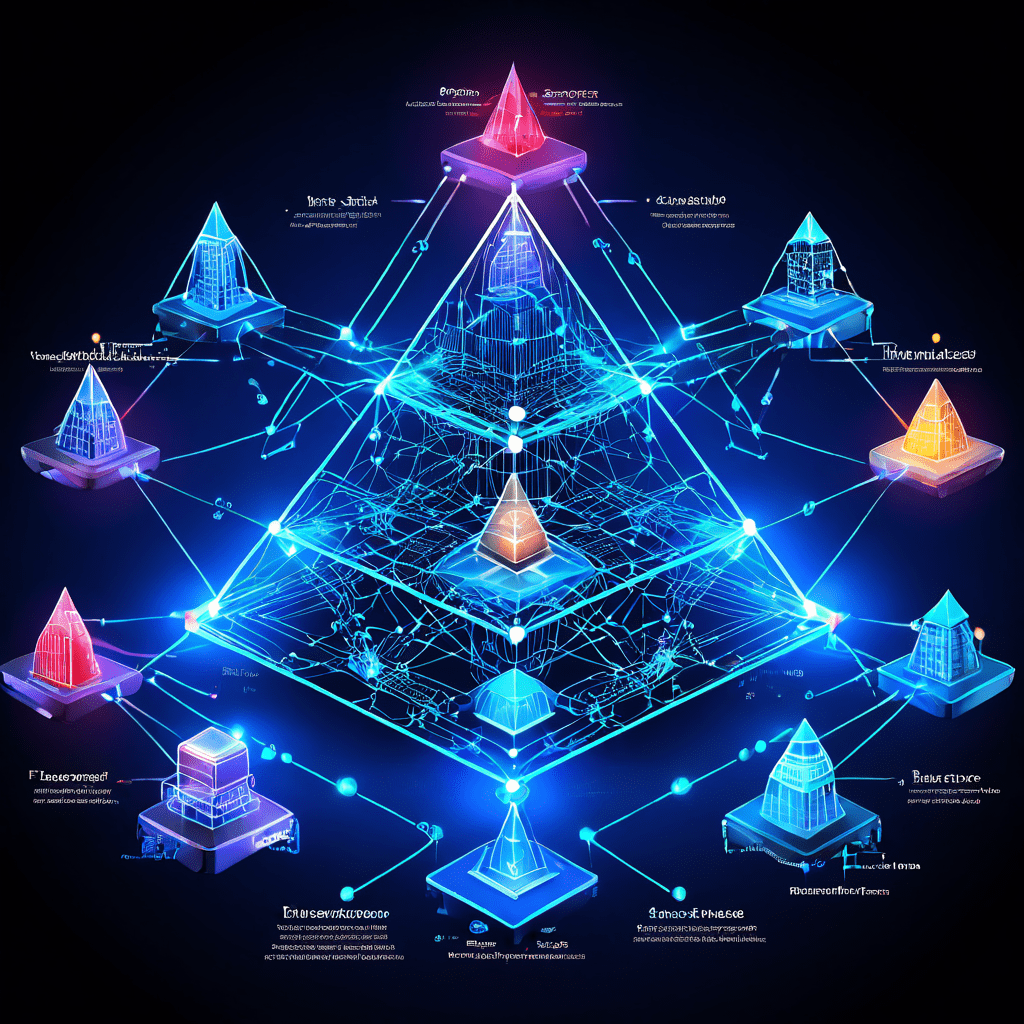 블록체인 상의 금융 거래 흐름이 점차 신비로운 데이터 스트림으로 연결된 피라미드형 컬트 조직 구조로 변모하는 과정을 시각화한 개념도입니다.