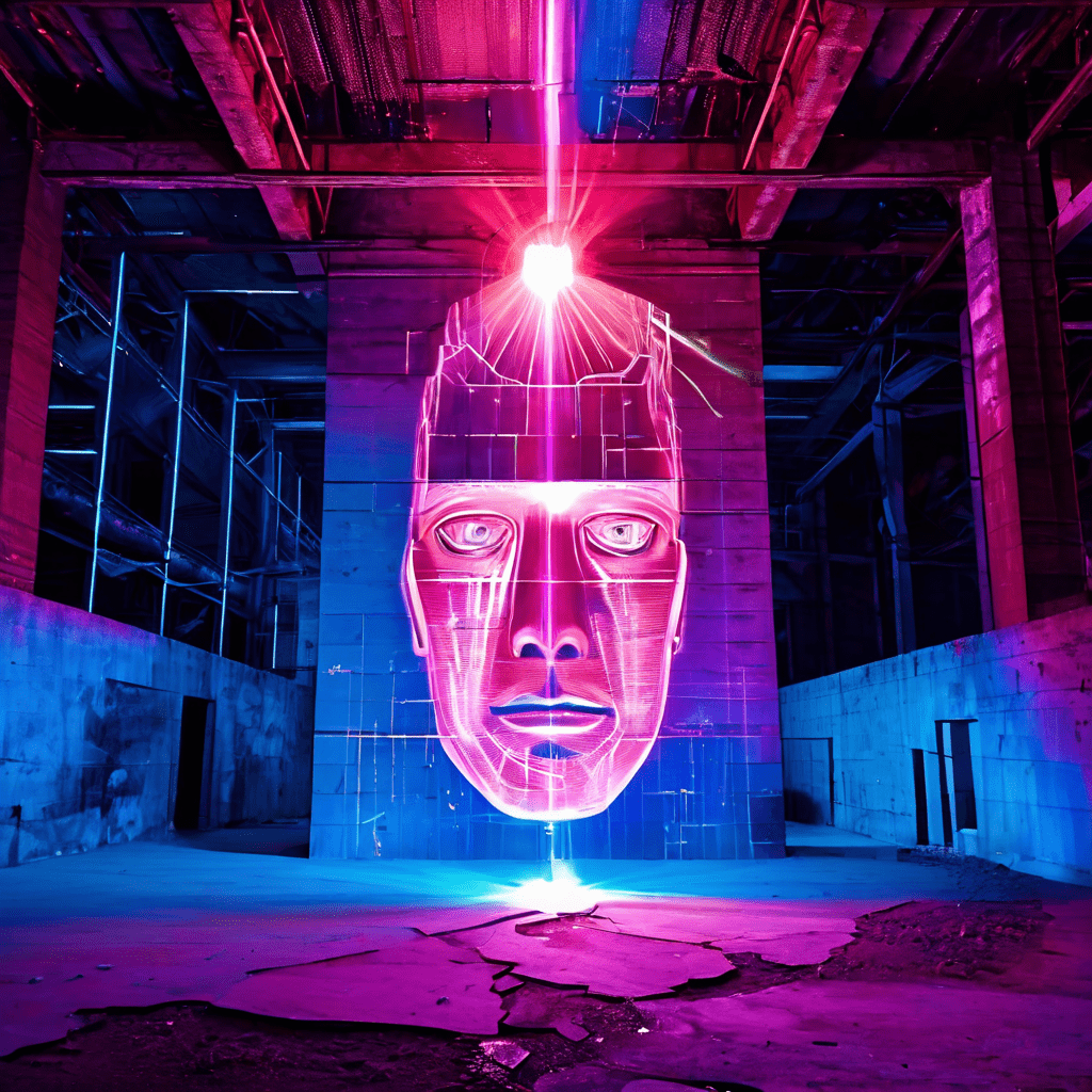 프리즘에 의해 분리된 충격파가 눈물 흘리는 얼굴, 붕괴된 공장, 복잡한 흐름도를 비추며 기술 발전의 양면성과 사회적 영향을 상징적으로 보여주는 이미지입니다.