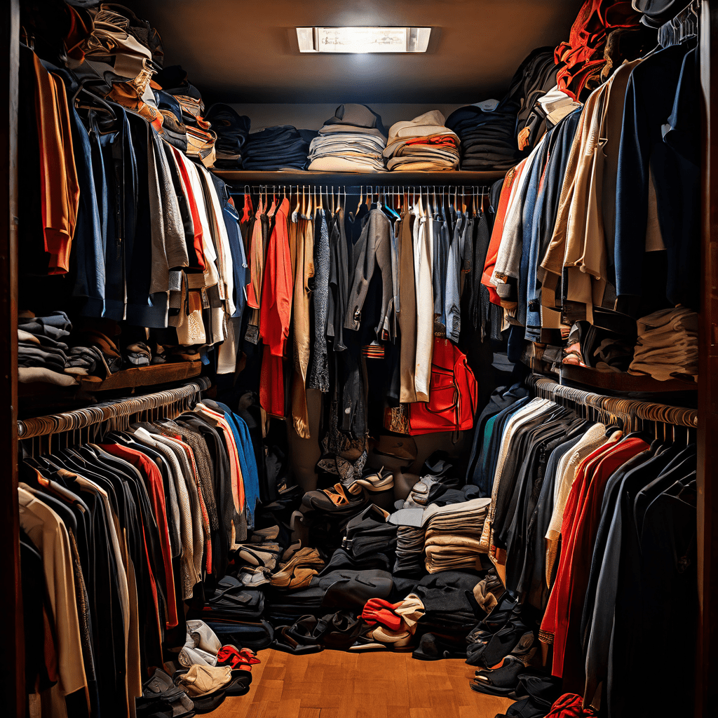 감정적 소비로 인한 패션 유동성 위기를 상징적으로 표현한, 옷가지와 뒤엉킨 옷걸이로 가득 차 마치 교통 체증을 이룬 옷장의 내부 모습을 보여주는 이미지입니다.