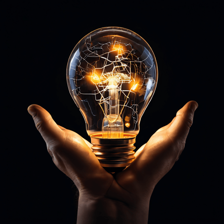 복잡한 진단 흐름도가 단순한 손과 분리된 채 사람의 머리를 형상화한 깨진 전구가 창의적 사고와 실행 사이의 단절을 상징적으로 표현한 이미지입니다.