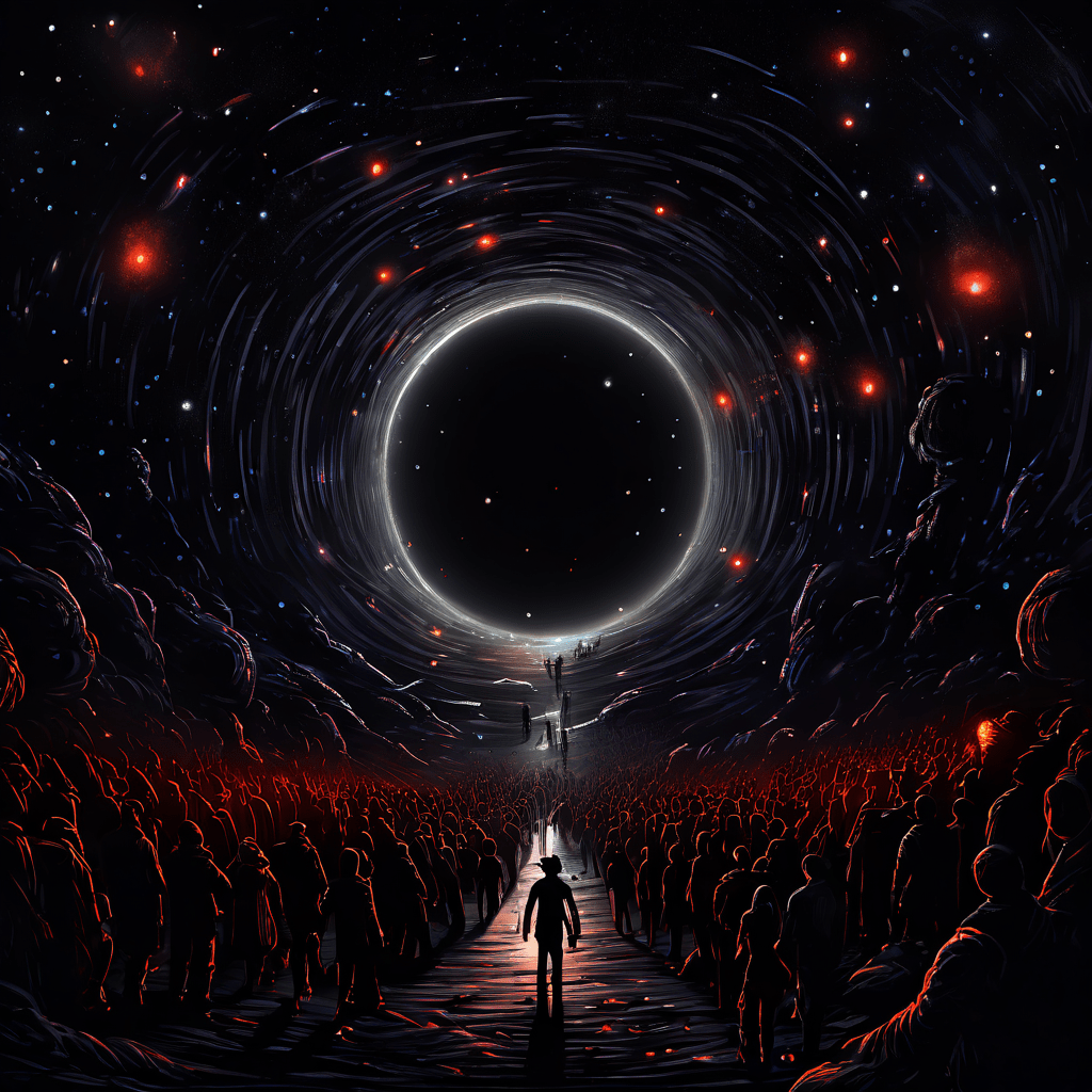 불안정하게 빛나는 META 표식의 블랙홀로 집단적으로 끌려가는 군중과 그들이 외면하는 안전한 기존 경로를 대조적으로 보여주며 기술 유행의 위험성을 상징하는 우주적 이미지입니다.