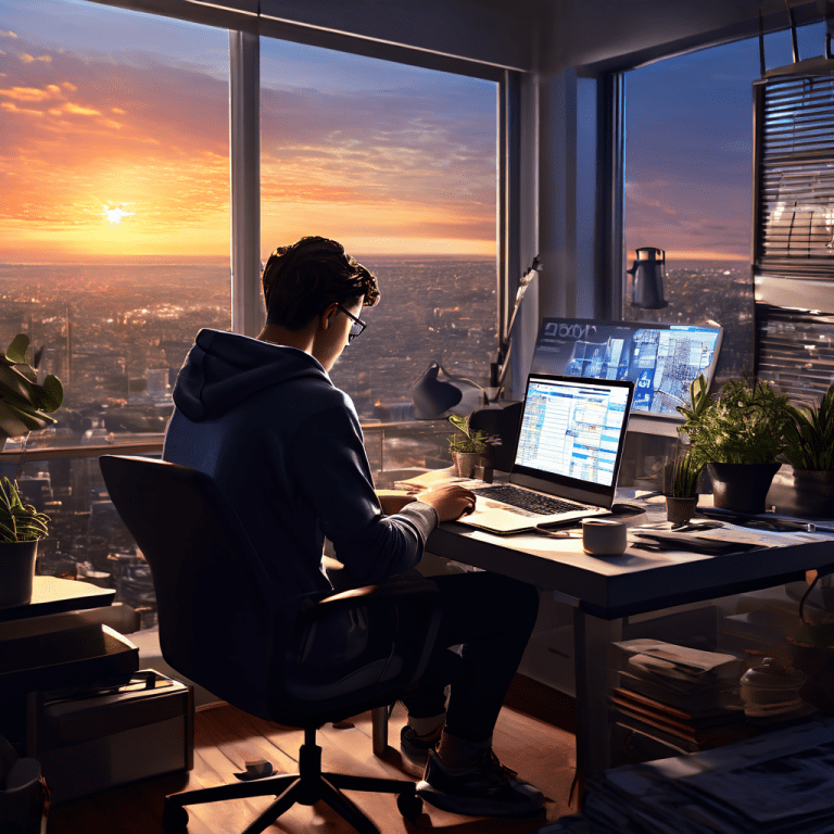 작은 원룸에서 노트북으로 가계부를 꼼꼼히 정리하는 젊은이의 모습 뒤로, 고층 빌딩 모형과 부채 현황 차트가 주택 마련의 꿈과 현실적 부담을 동시에 보여주는 이미지입니다.