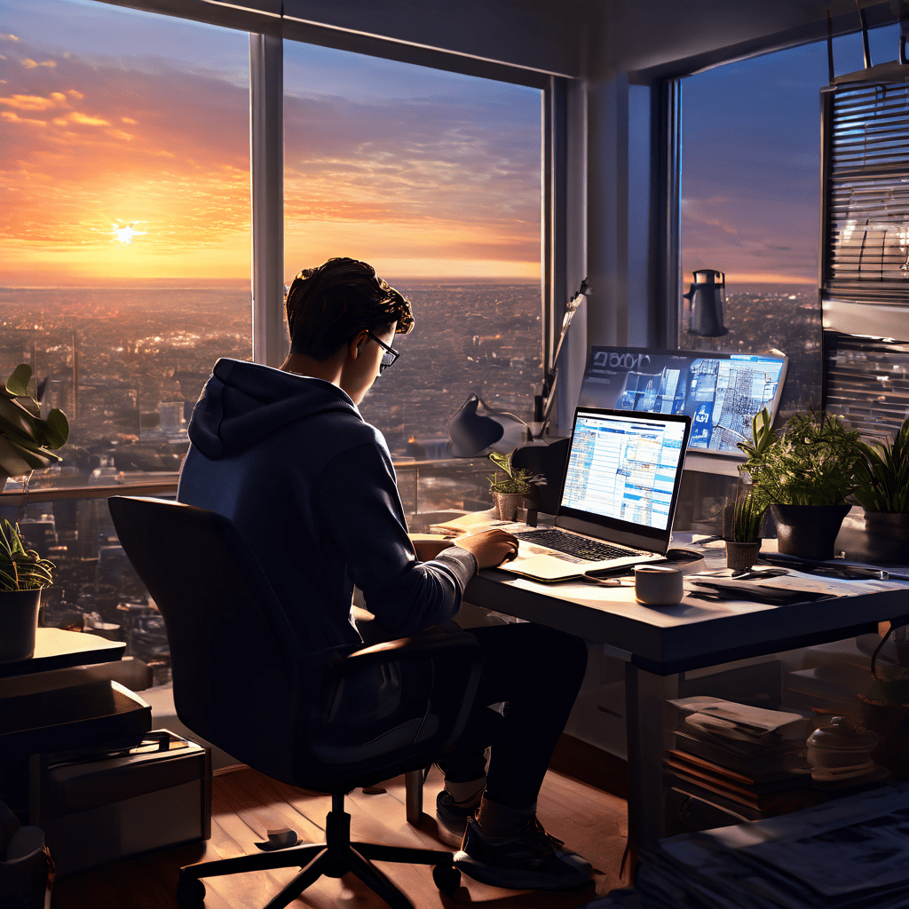 작은 원룸에서 노트북으로 가계부를 꼼꼼히 정리하는 젊은이의 모습 뒤로, 고층 빌딩 모형과 부채 현황 차트가 주택 마련의 꿈과 현실적 부담을 동시에 보여주는 이미지입니다.