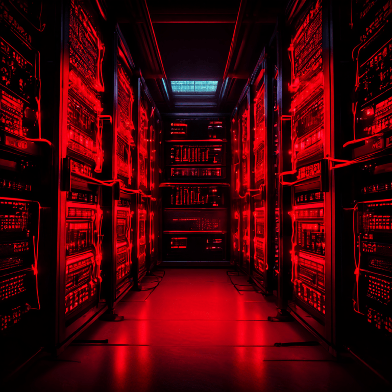 과부하 경고 표시와 느리게 이동하는 데이터 패킷으로 디지털 서버 랙이 빨갛게 빛나며 성능에 부하가 걸린 상태를 시각적으로 표현한 이미지입니다.