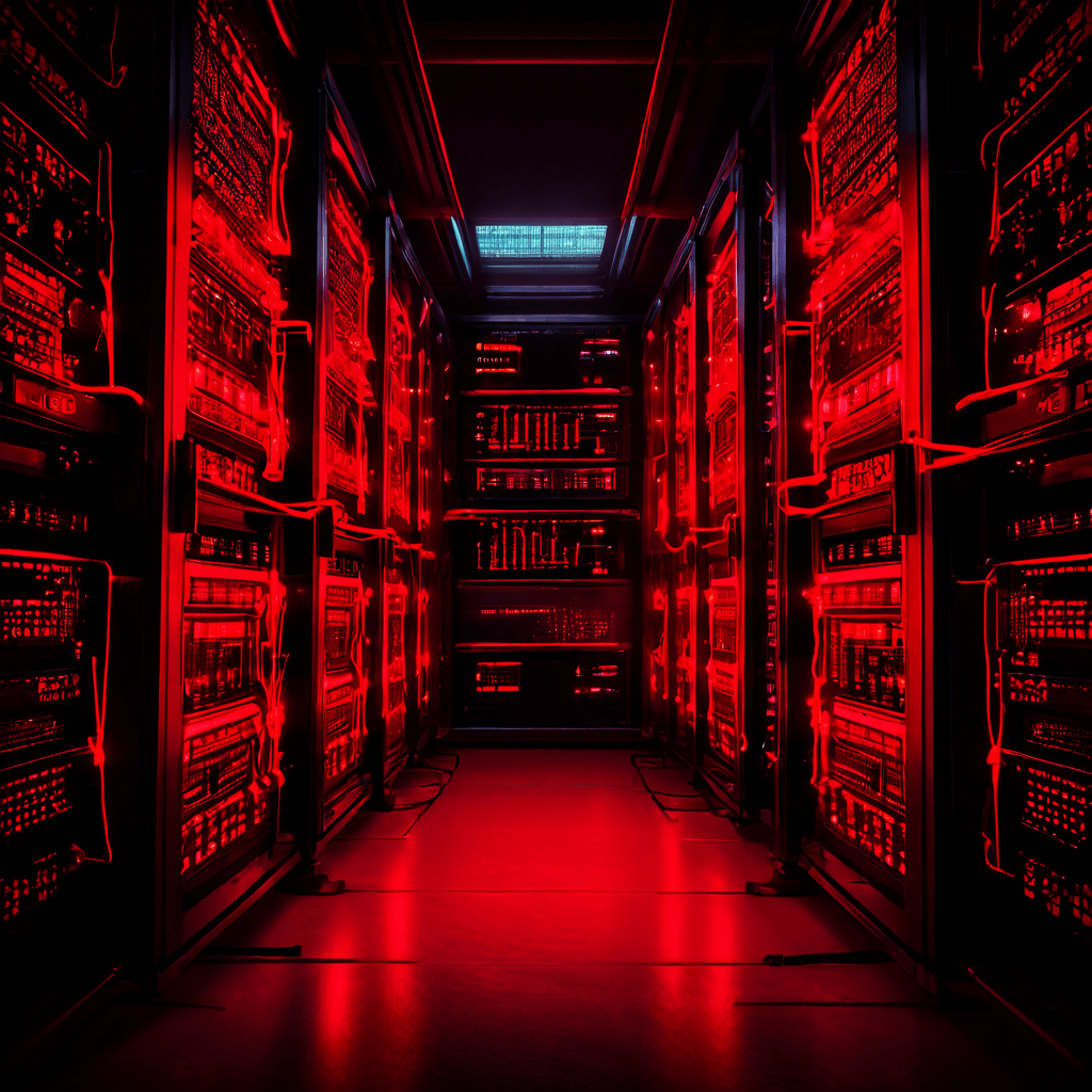 과부하 경고 표시와 느리게 이동하는 데이터 패킷으로 디지털 서버 랙이 빨갛게 빛나며 성능에 부하가 걸린 상태를 시각적으로 표현한 이미지입니다.