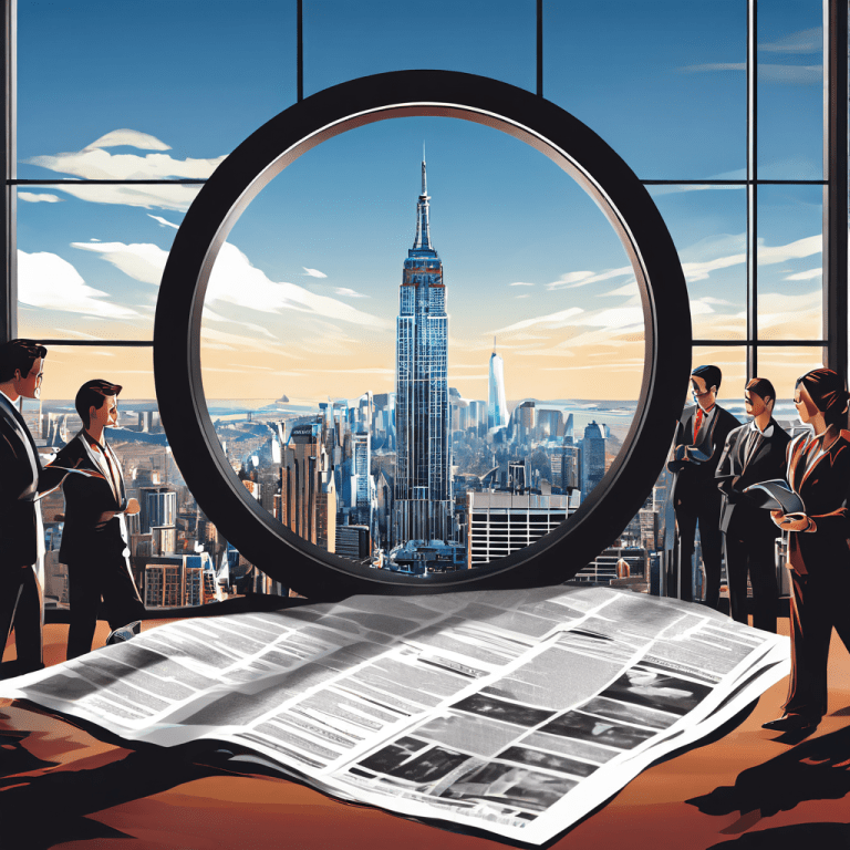 신문을 내려다보는 거대한 기업 로고를 비판적 사고라는 라벨이 붙은 돋보기로 살펴보는 독자들을 통해 미디어와 정보를 분석하는 현대 사회의 중요성을 상징적으로 표현한 이미지입니다.