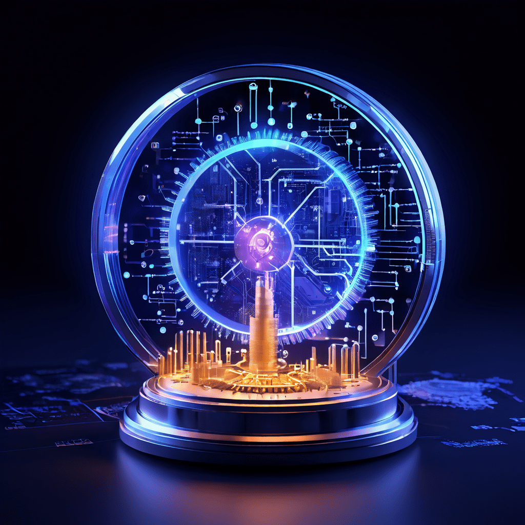 숨겨진 기어와 회로가 내부에 있는 빛나는 데이터 코어를 확대경과 기술 청사진으로 분석하여 잠재적 가치를 도출하는 과정을 상징적으로 표현한 이미지입니다.