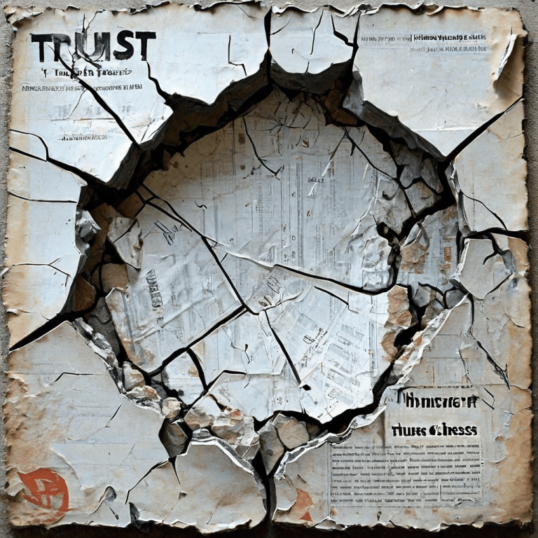 신뢰의 기반이 붕괴되는 과정을 상징적으로 표현한 이미지로, 깨진 신문 기사가 '신뢰'라고 적힌 균열이 간 돌토대 형태로 변형되어 퍼져 나가는 모습을 묘사하고 있습니다.