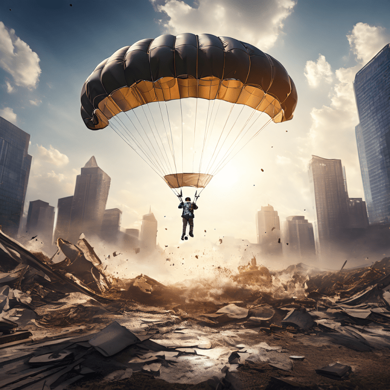 체계 붕괴 속에서 개인의 역량이 아닌 구조적 문제를 상징하며, 낙하산으로 회사 건물에 강제 착륙하는 모습을 담은 이미지입니다.