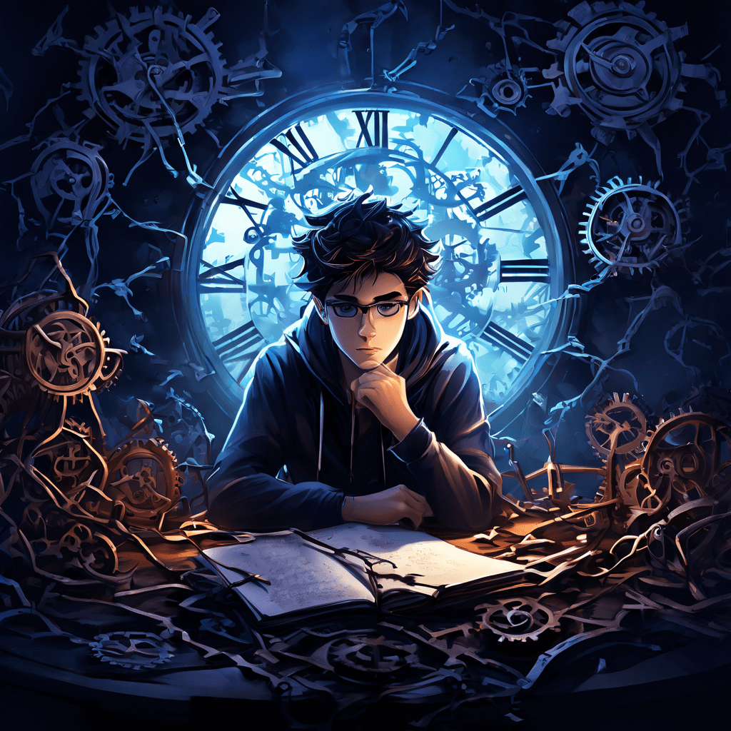 시험을 앞두고 책상 앞에서 머릿속이 복잡한 기어와 물음표로 얽히며 시간 압박을 느끼는 학생의 심리적 부담과 스트레스를 표현한 일러스트 이미지입니다.