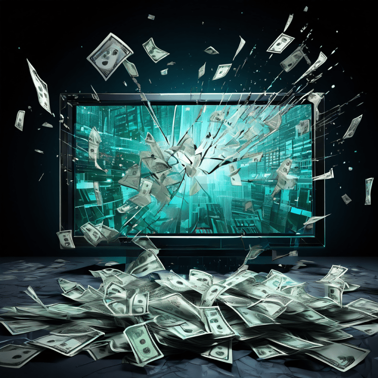 깨진 TV 화면을 뚫고 주식 시장 차트를 방영하며 돈으로 만들어진 강력한 손이 뻗어 나오는 모습은 자본의 힘과 시장의 불안정성을 상징적으로 표현합니다.
