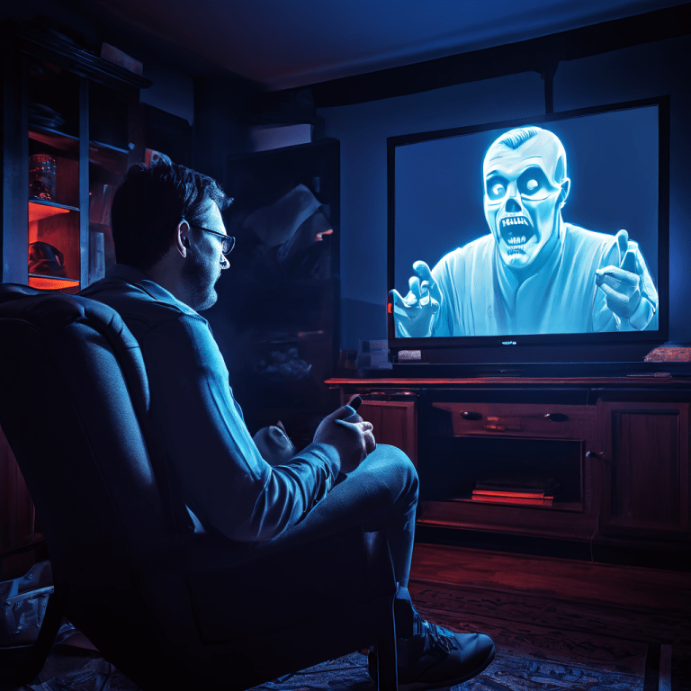 경기 리플레이를 보며 좌절하는 사람과 플레이가 끝난 후에야 등장해 자신만만하게 화면을 가리키는 안락의자 속 편파 해설가의 유령 같은 형상이 대조를 이루는 이미지입니다.