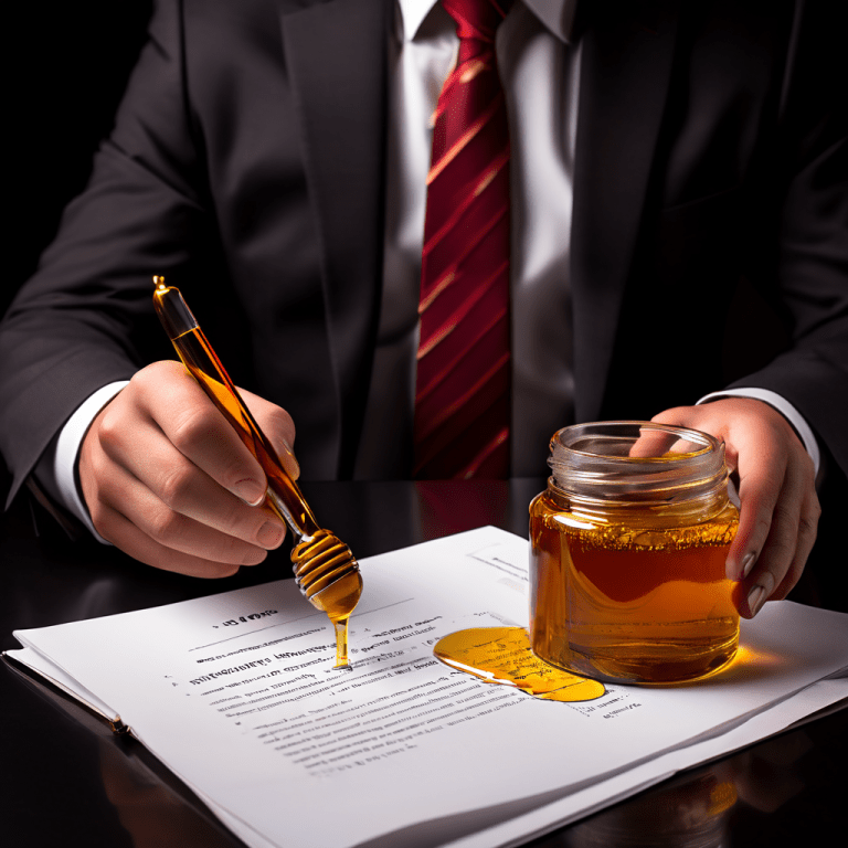 보험 설계사의 달콤한 말에 속아 고객의 법적 권리가 침식당하는 모습을, 윤기 나는 세일즈맨이 달콤한 액체로 '권리' 문서를 녹여내는 은유적 이미지로 표현한 일러스트입니다.