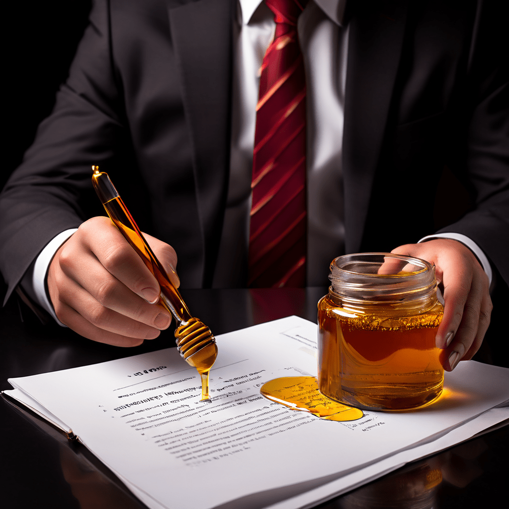 보험 설계사의 달콤한 말에 속아 고객의 법적 권리가 침식당하는 모습을, 윤기 나는 세일즈맨이 달콤한 액체로 '권리' 문서를 녹여내는 은유적 이미지로 표현한 일러스트입니다.