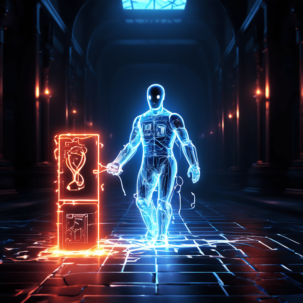 검색엔진 패널티를 경고하는 메타포로 회로 경로를 따라 생성되는 유령 같은 디지털 팔로워가 빛나는 알고리즘 해머에 맞아 제재받는 모습을 상징적으로 묘사한 일러스트입니다.