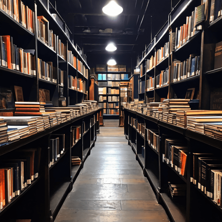 서가에 책들이 흐트러진 채 고요한 적막이 감도는 한적한 서점 통로를 보여주는 이미지로, 문학적 정적과 독서 공간의 고립감을 진단적으로 묘사합니다.