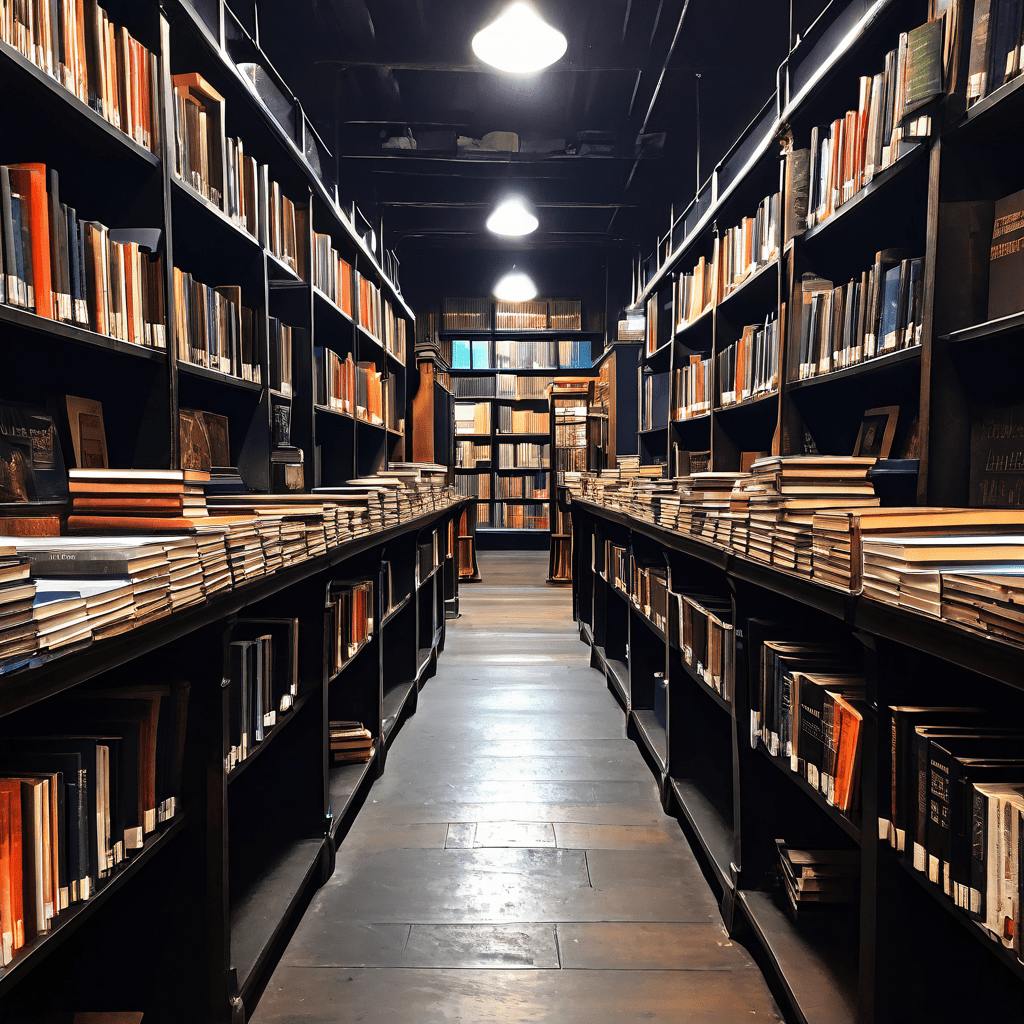 서가에 책들이 흐트러진 채 고요한 적막이 감도는 한적한 서점 통로를 보여주는 이미지로, 문학적 정적과 독서 공간의 고립감을 진단적으로 묘사합니다.