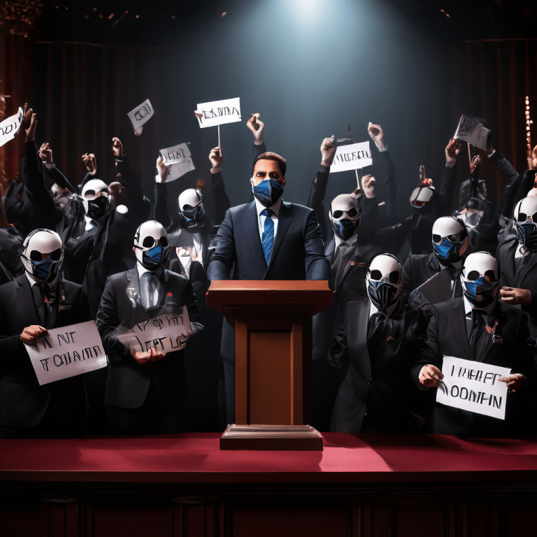 정치적 지지도 그래프가 급락하는 가운데 가면을 쓴 집단이 동일한 피켓을 들고 연단을 에워싸고 있는 정치적 불안과 대중의 저항을 상징하는 장면입니다.