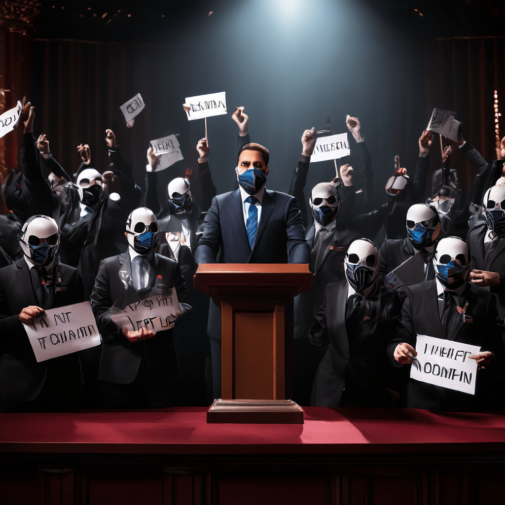 정치적 지지도 그래프가 급락하는 가운데 가면을 쓴 집단이 동일한 피켓을 들고 연단을 에워싸고 있는 정치적 불안과 대중의 저항을 상징하는 장면입니다.
