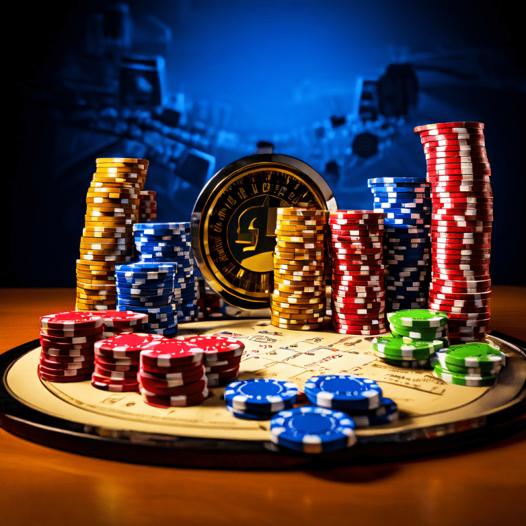 Photorealistic editorial photograph of a wooden table with a clear plastic probability model spinner, two stacks of colored tokens