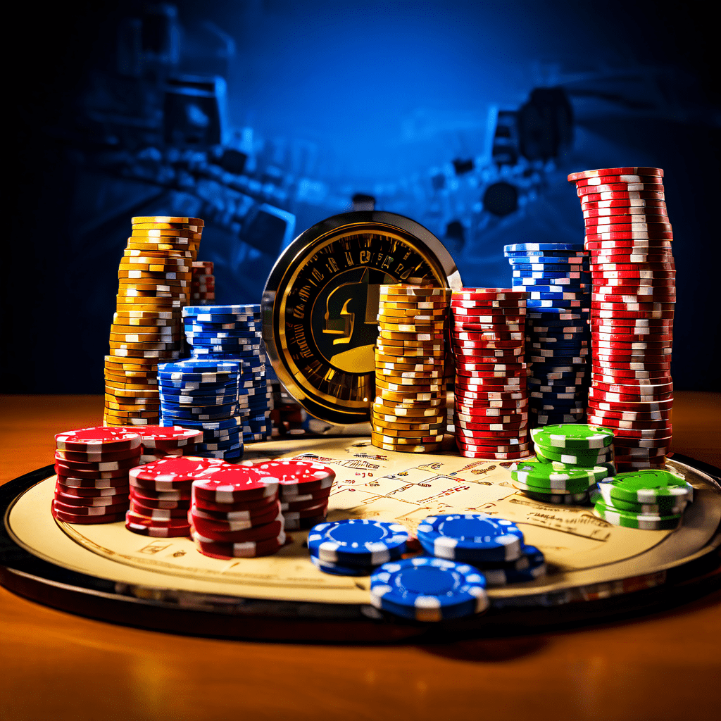 Photorealistic editorial photograph of a wooden table with a clear plastic probability model spinner, two stacks of colored tokens