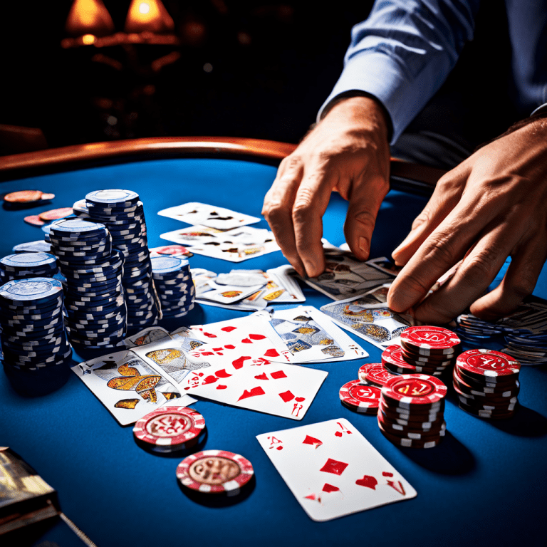 A player's hand resting on a green baccarat table with chips and cards, showing fatigue as they pause mid-game with a blurred casi